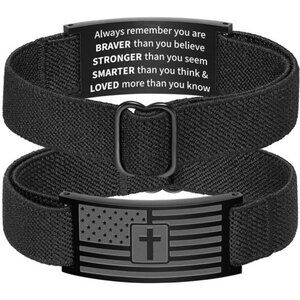 American Flag Cross Bracelet for Men Women, Black Elastic Stretch Strap